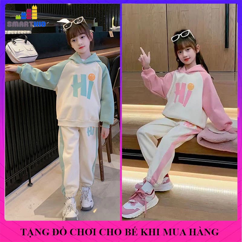 [18-52kg] Bộ đồ mùa thu đông cho bé gái mẫu Hi, quần áo cho trẻ em từ 6-15 tuổi chất liệu nỉ da cá. Đồ bộ hoodie dài tay