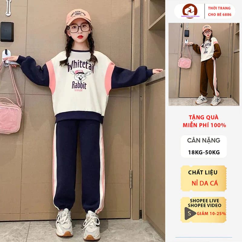 Đồ bộ thu đông bé gái, bộ quần áo thu đông bé gái size 18-52kg mẫu Rabit chất liệu nỉ. Bộ đồ dài tay bé gái, đồ bé gái