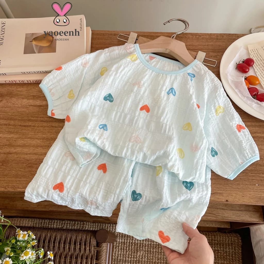 【YAOEENH】80-150CM Mùa Hè Bé Trai Bé Gái Thời Gian Cotton Mỏng Phong Cách Nhà Điều Hòa Không Khí Quần Áo Trung Nhỏ Trẻ Em Tay Năm Điểm Crop Quần Phù Hợp Với Hàng Sẵn Có Vận Chuyển Nhanh