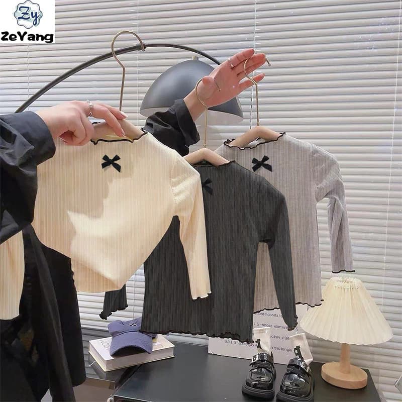 [Zy] 70-140 Hàng có sẵn Áo thun dài tay viền nấm cho trẻ em Nơ dài tay thu đông đáy cho bé