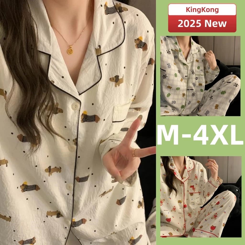 Bộ Đồ Ngủ Nữ Cotton M-4XL Plus Kích Thước Bộ Đồ Ngủ Mùa Xuân Thu Dài Tay Đồ Ngủ Người Phụ Nữ Hoạt Hình Dễ Thương In Hình Mặc Nhà Mỏng