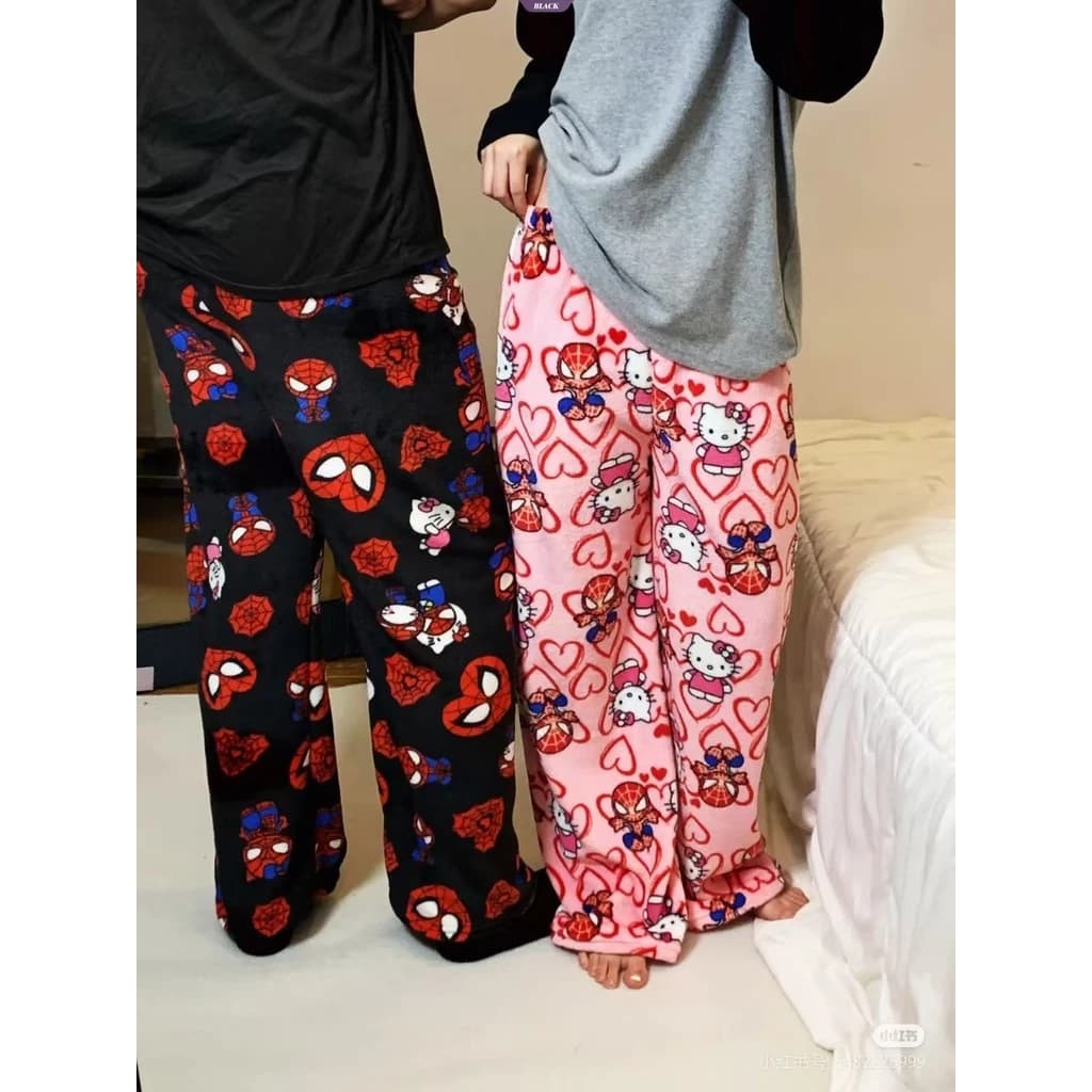 Hello Kitty Người Nhện Anime Flannel Pyjama Quần Rời Giải Trí Nhà Quần Mềm Mại Và Thoải Mái Cặp Đôi Quần [BL]
