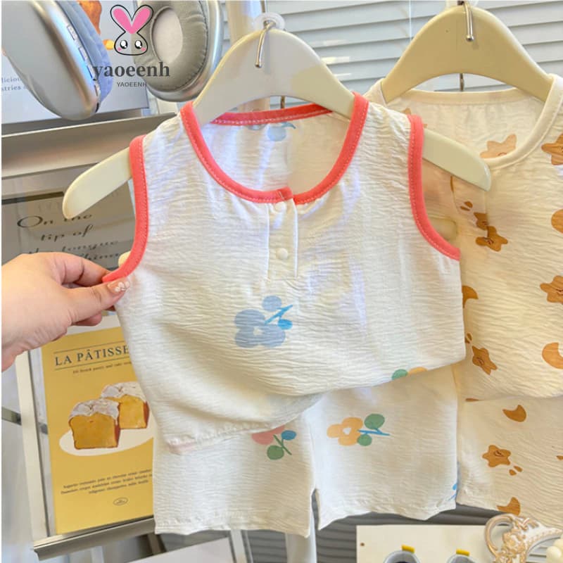 【YAOEENH】80-140CM Mùa Hè Bé Trai Bé Gái Phiên Bản Hàn Quốc Áo Vest Homewear Trung Nhỏ Trẻ Em Hoạt Hình Quần Short Không Tay Bộ Hàng Sẵn Có Vận Chuyển Nhanh