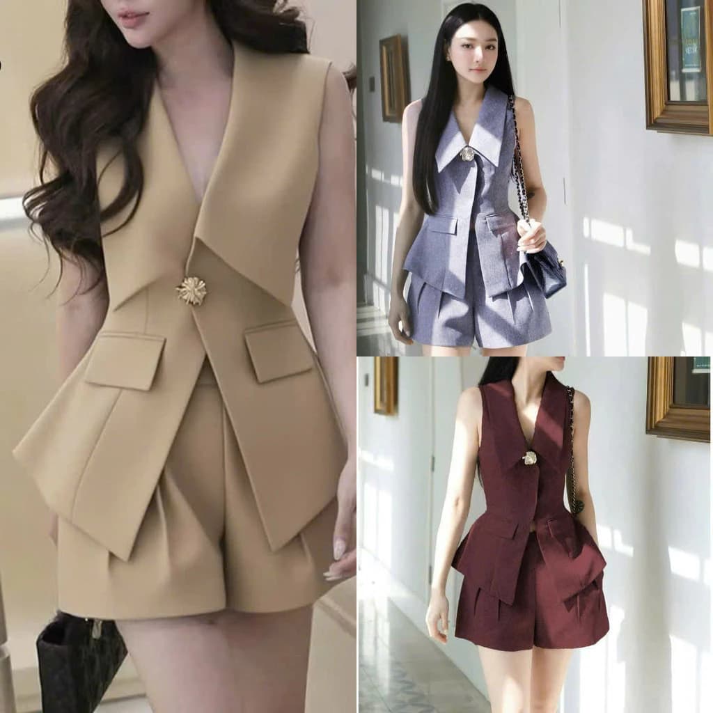 (May 2 lớp ) SET Bộ Nữ Ngắn Cổ Nhọn Kèm Phụ Kiện Thiết Kế SANG CHẢNH  NY NA STORE