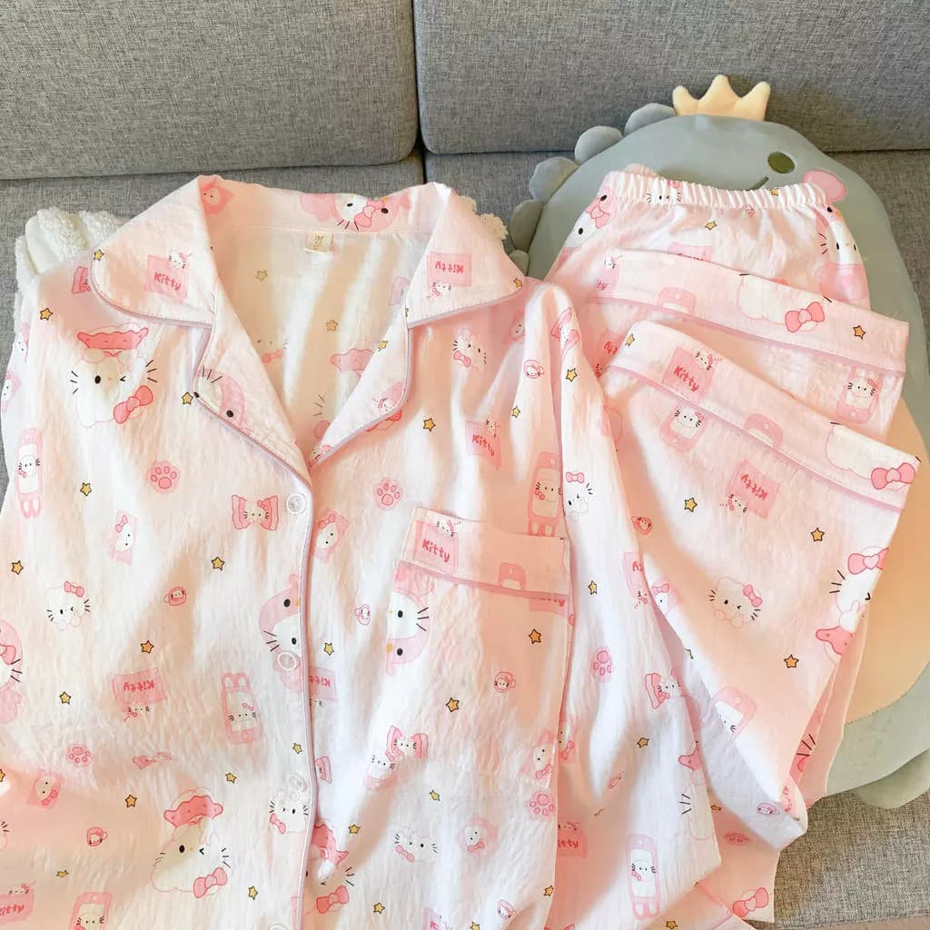 Bộ đồ ngủ Pijama Kiểu Nhật Hello Kitty Đồ ngủ nữ mềm mại Thoải mái Ngọt ngào dễ thương Bốn mùa 8902