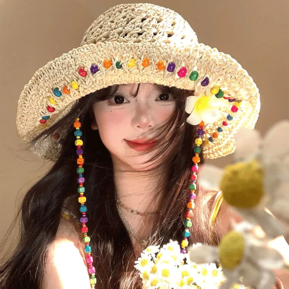 Mũ Cói Rộng Vành Đính Hạt Nhiều Màu Chống Nắng Phong Cách Boho, Thời Trang Hàn Quốc