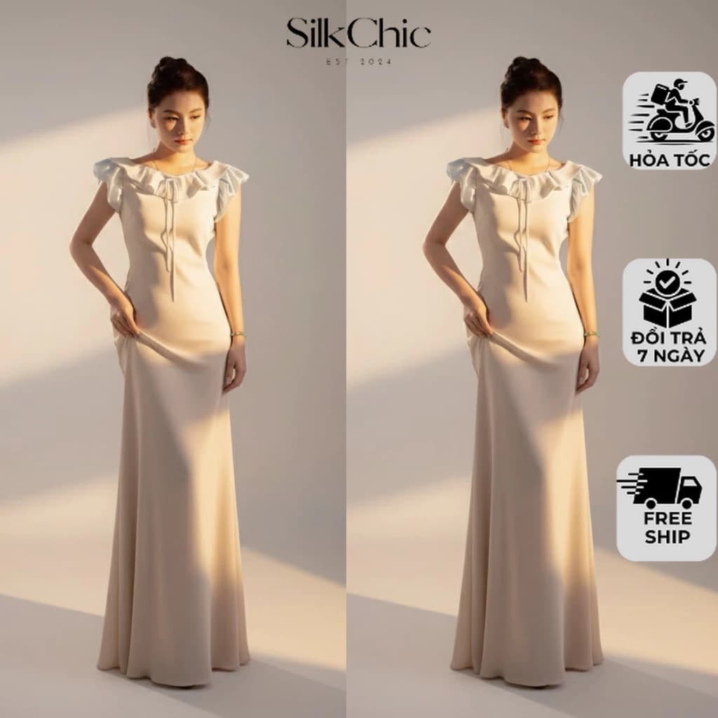 Đầm Lụa Dự Tiệc Tiểu Thư Thiết Kế Cổ Bèo Xếp Tầng Phối Nơ NV819 Váy Lụa Thanh Lịch Sang Trọng