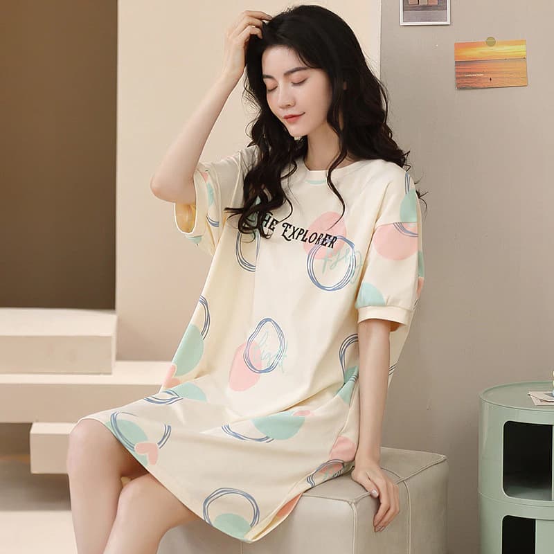 Bộ Đồ Ngủ Nữ Cotton Phong Cách Công Chúa, Váy Dài & Ngắn Cổ Tròn Mỏng, Thoáng Mát Cho Mùa Hè