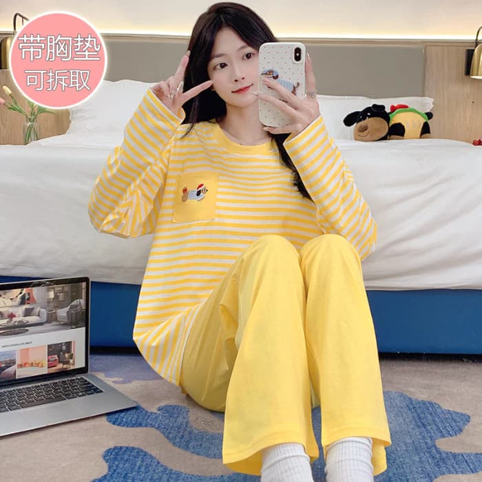 Bộ Đồ Ngủ Nữ 100% Cotton, Kiểu Dáng Rời Sọc, Phù Hợp Mùa Xuân - Thu Size M-5XL
