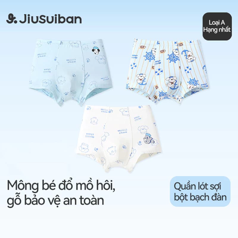 Set 3 Quần Lót Đùi Bé Trai JiuSuiban Vải EcoCosy Mềm Như Mây Đáy Tơ Tằm Kháng Khuẩn 7A 3D Chống Kẹp Mông Khô Thoáng