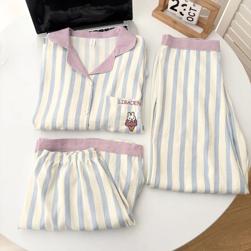 Bộ Đồ Ngủ Cotton Mây Mùa Hè, Thiết Kế Sọc Ngọt Ngào và Họa Tiết Hoạt Hình, Phong Cách Dễ Thương