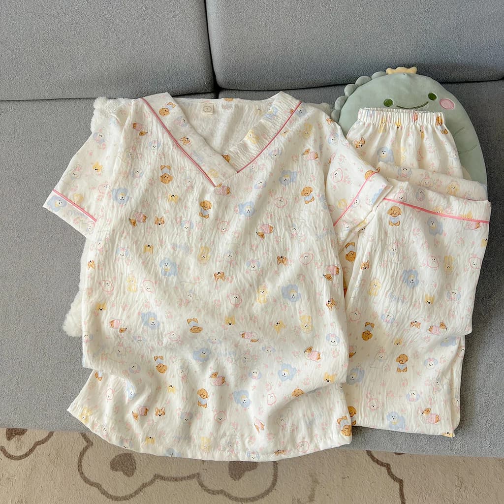 Đồ ngủ nữ Pijama Áo cổ V Rộng rãi Thoải mái Ngọt ngào dễ thương Bộ đồ ngủ Xuân Thu đồ mặc nhà 108