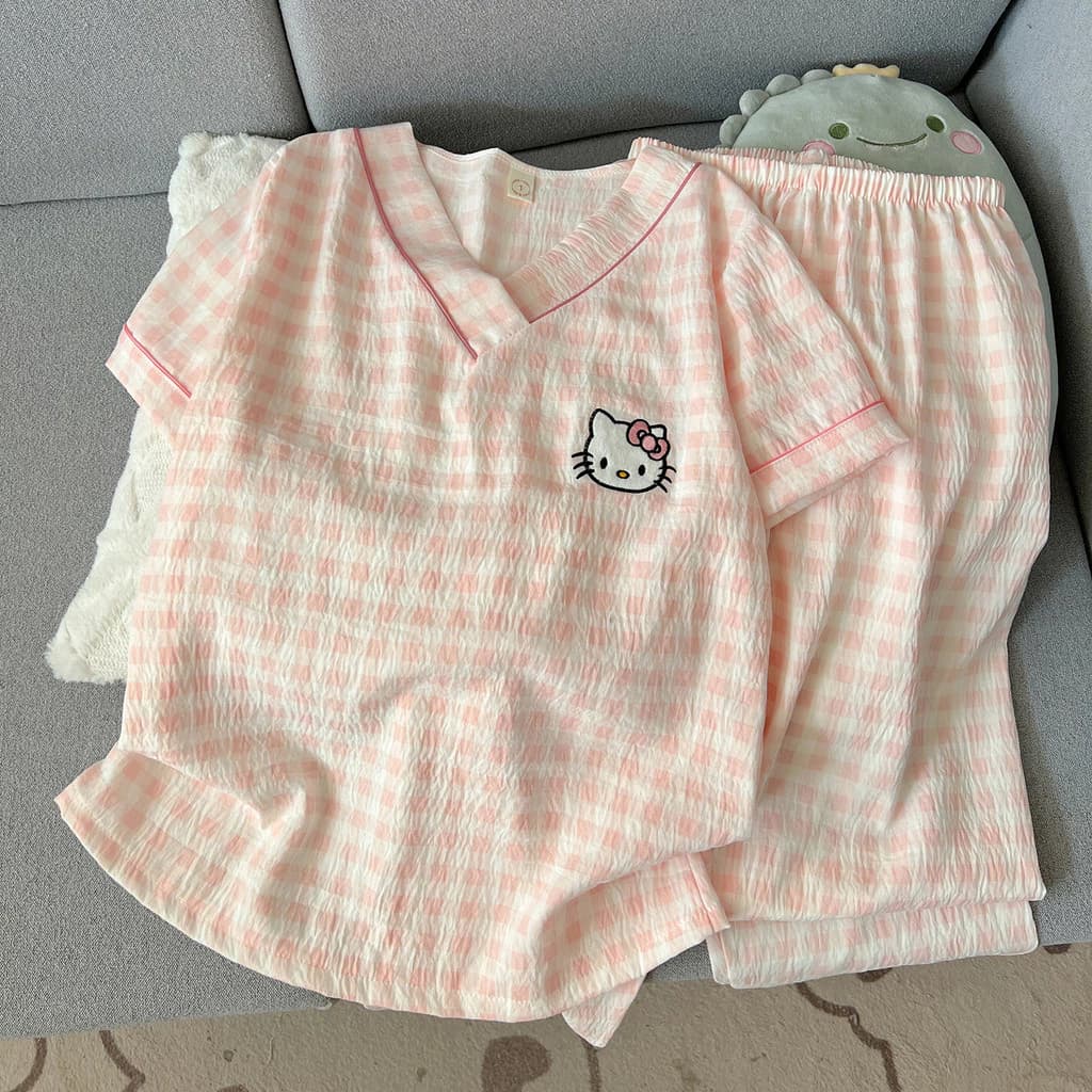 Đồ ngủ nữ Pijama Áo cổ V áo ngắn quần dài Bộ đồ ngủ Thời trang thoải mái Ngọt ngào dễ thương 102