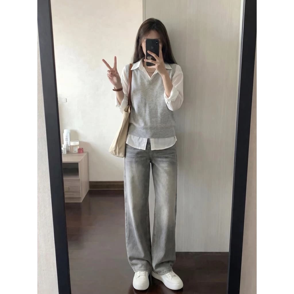 DaDuHey New American INS High Street Retro Jeans Niche High Waist Loose Wide Leg Pants Large Size Trousers