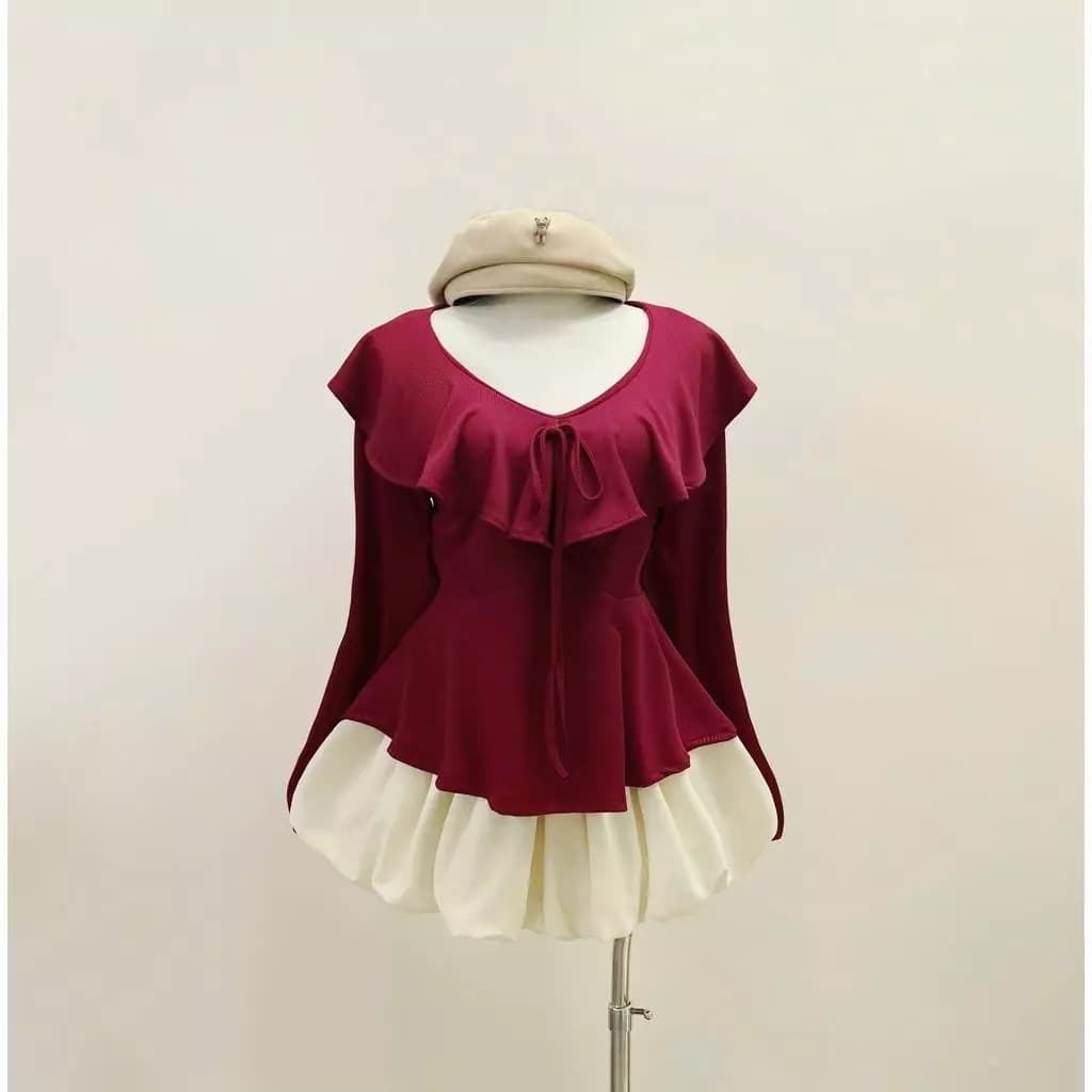 Áo Peplum Bigsize Nữ Cổ Bèo Thắt Nơ Trước Ngực Phối Váy Dáng Xòe , Tay Dài Thanh Lịch Cho Nữ 58–92kg A337+CV413