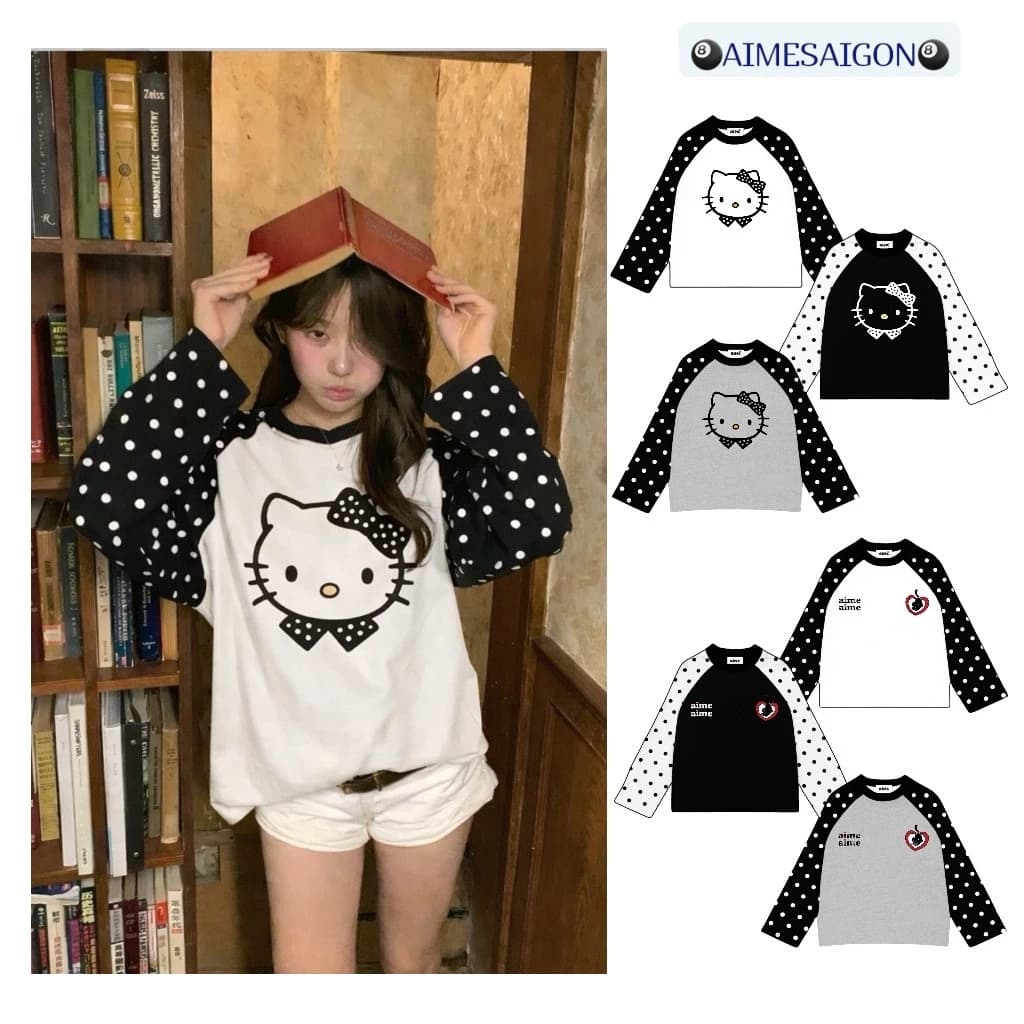 Aimesaigon Áo Thun Tay Dài Raglan Borip CHẤM BI x Cotton Long Sleeve "MÈO KITTY" Boxy Form Rộng Cổ Tròn - ATDRL07
