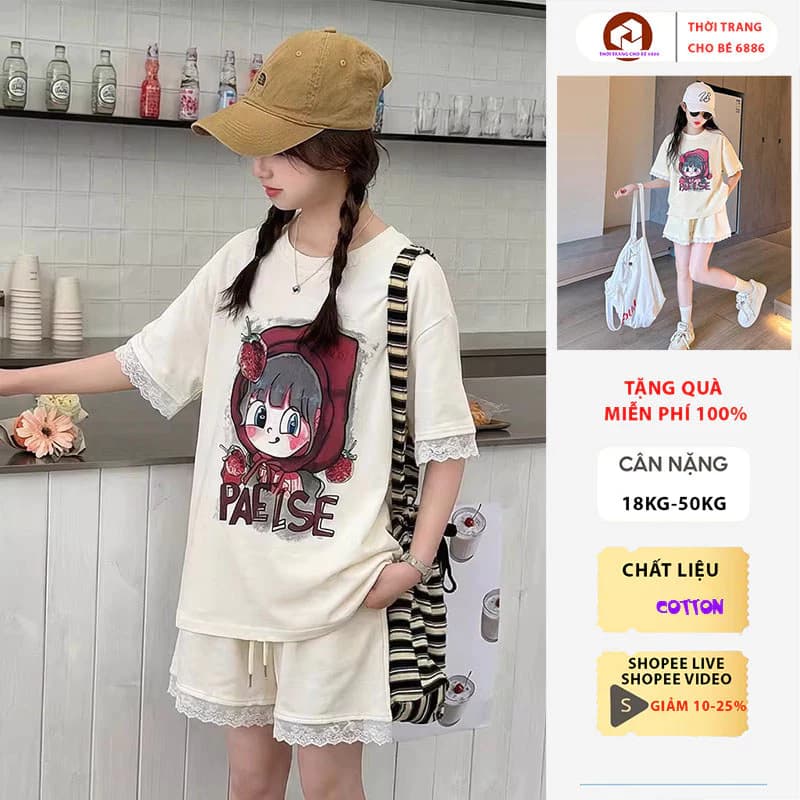 Bộ cộc tay bé gái, đồ bộ cho bé gái mùa hè, quần áo mùa hè cho bé gái mẫu PSE size 18-50kg chất liệu cotton mát