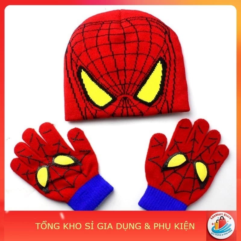 Set găng tay và mũ len hình siêu nhân người nhện Spiderman cho bé trai từ 2 - 6 tuổi