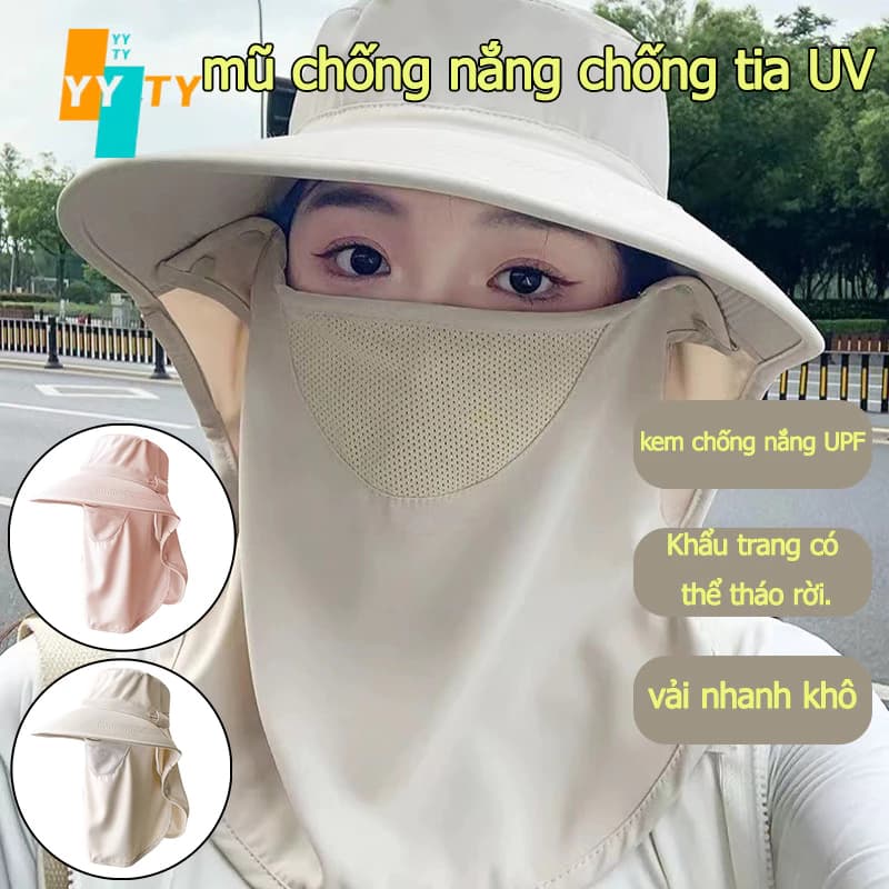Mũ chống nắng chống 99% tia UV, kèm khẩu trang che cổ tháo rời, thoáng khí, chống bụi hiệu quả, phù hợp mùa hè.