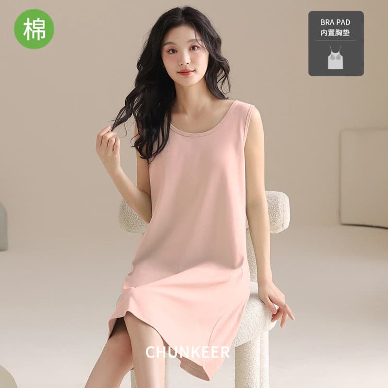Bộ đồ ngủ nữ 100% cotton có miếng lót ngực, váy ngủ dáng sling ngọt ngào, thoáng mát cho mùa hè,wearable outside