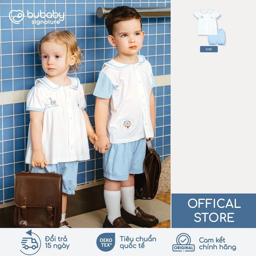 Bộ quần áo cộc tay thủy thủ bé gái BU Baby, bộ cộc bé gái cá tính thời trang Hàn Quốc | SBC1353BG