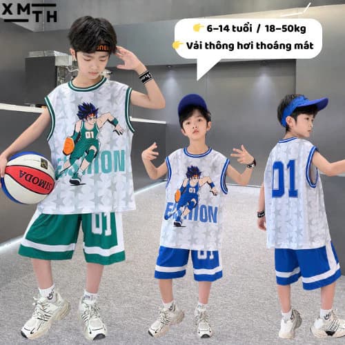 Bộ bóng rổ bé trai 18-50kg, set áo ba lỗ quần đùi vải thông hơi, đồ thể thao, mặc nhà trẻ em nam 6-14 tuổi thoáng mát 01