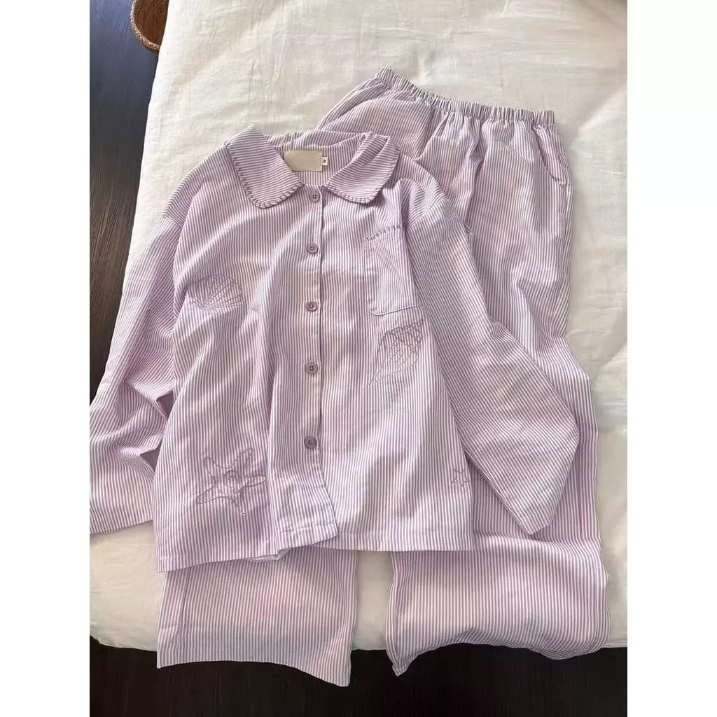 Đồ Ngủ Sọc Tím Dài Tay từ Cotton Mây - Bộ Đồ Ngủ Cho Người Phụ Nữ