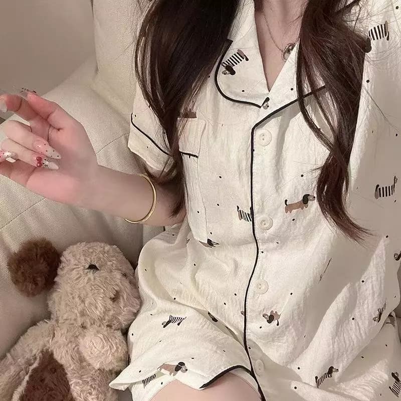 Hàn Quốc Ins Style Dachshund In Cloud Cotton Đồ Ngủ Mềm Mại Thoáng Khí Loungewear