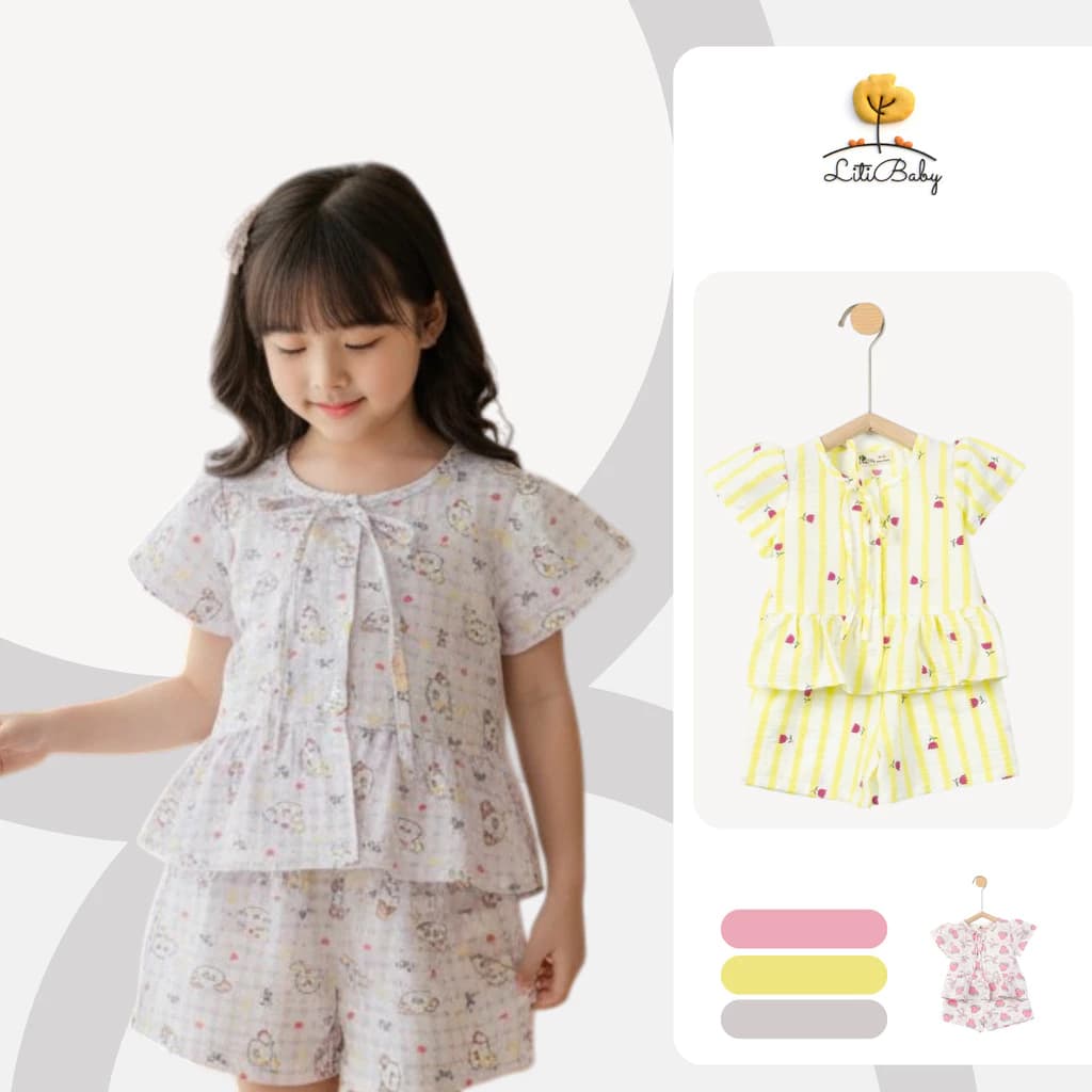 Set áo sơ mi tay ngắn xếp ly nơ quần short cho bé gái LITIBABY cho bé từ 2-10 tuổi PH1306