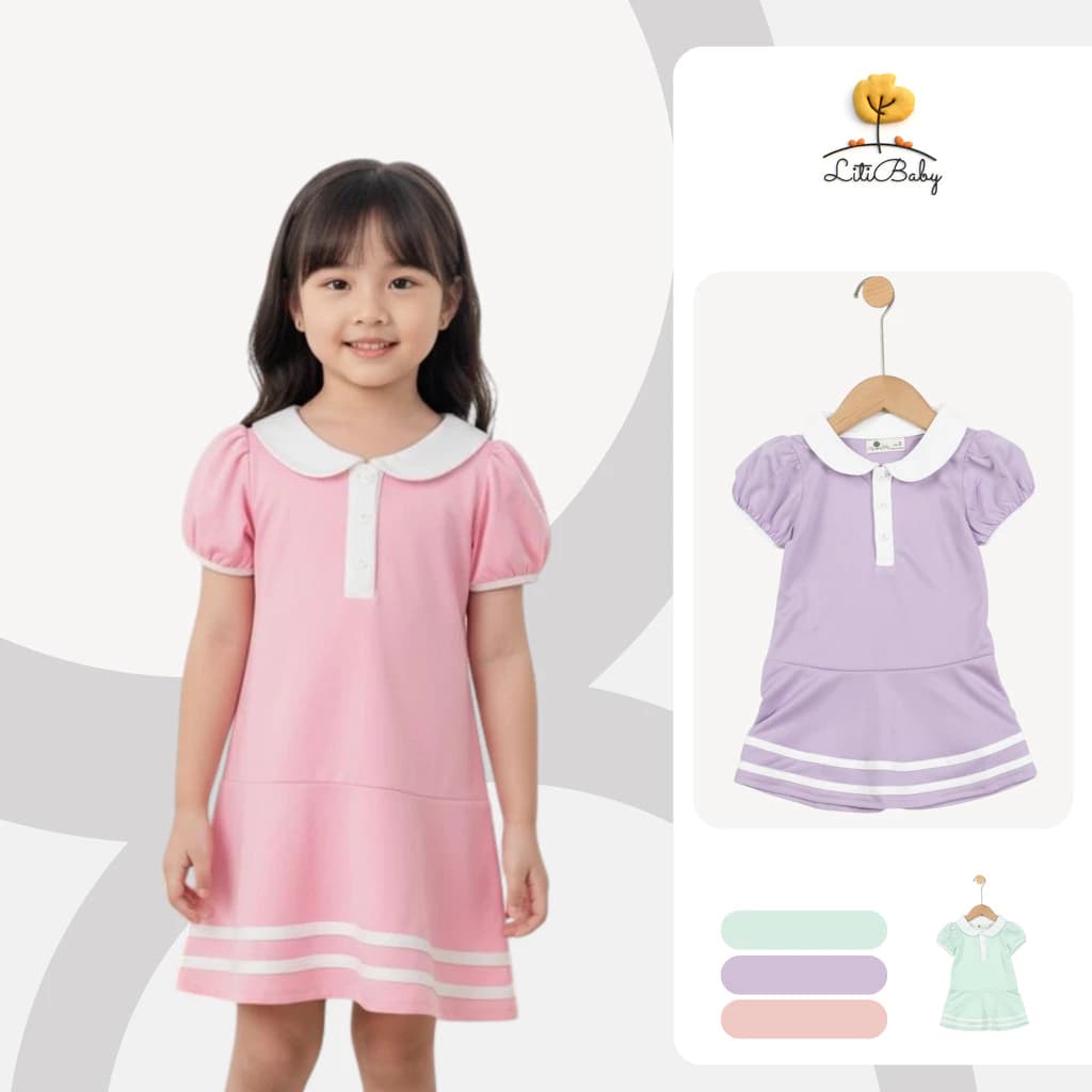 ĐầmBé Gái Cổ Sen Phối Nơ Xinh Xắn LITIBABY cho bé từ  2-7 tuổi VT11