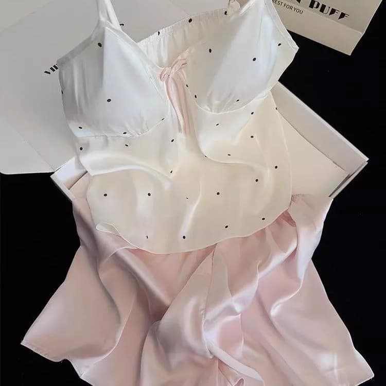 [Pre-Order]-06 Áo hai dây chấm bi mới có đệm ngực, bộ đồ mặc nhà mùa hè bằng vải lụa băng ngọt  mẫu mới hàng QC