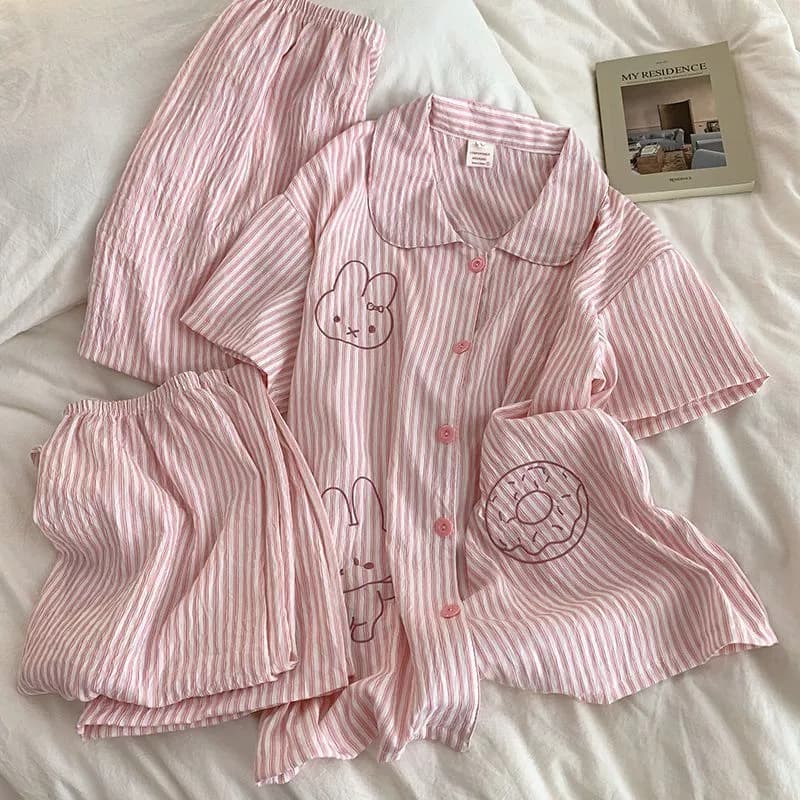 Mùa Hè Ngọt Ngào Hoạt Hình Sọc Quần Ngắn Tay Ba Mảnh Thường Ngày Loungewear Bộ Đồ Ngủ