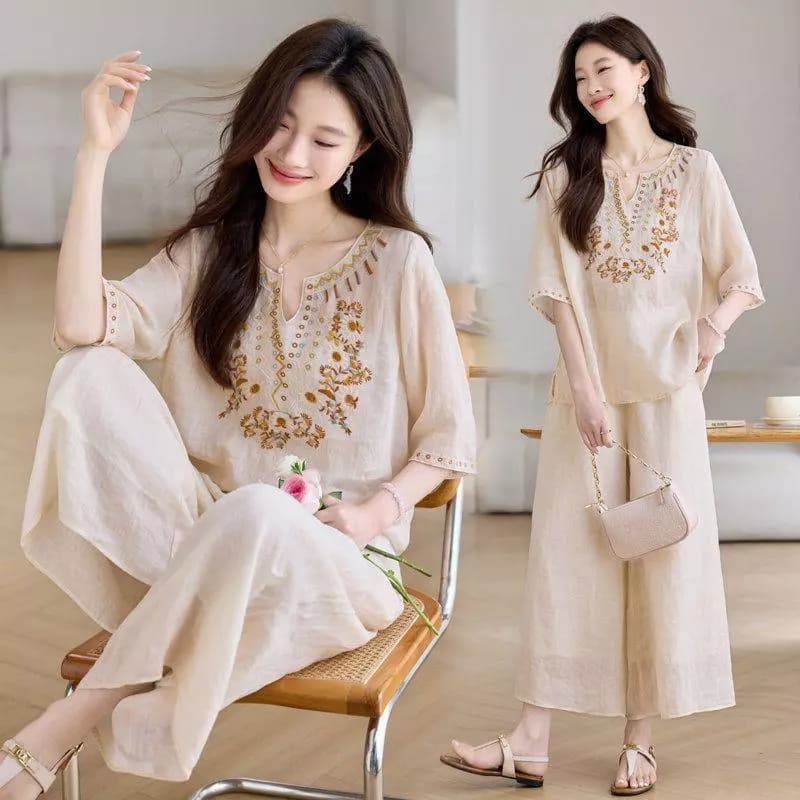 Bộ đồ thêu nghệ thuật cổ điển Áo sơ mi ngắn tay dáng rộng Quần ống rộng Bộ đồ hai mảnh