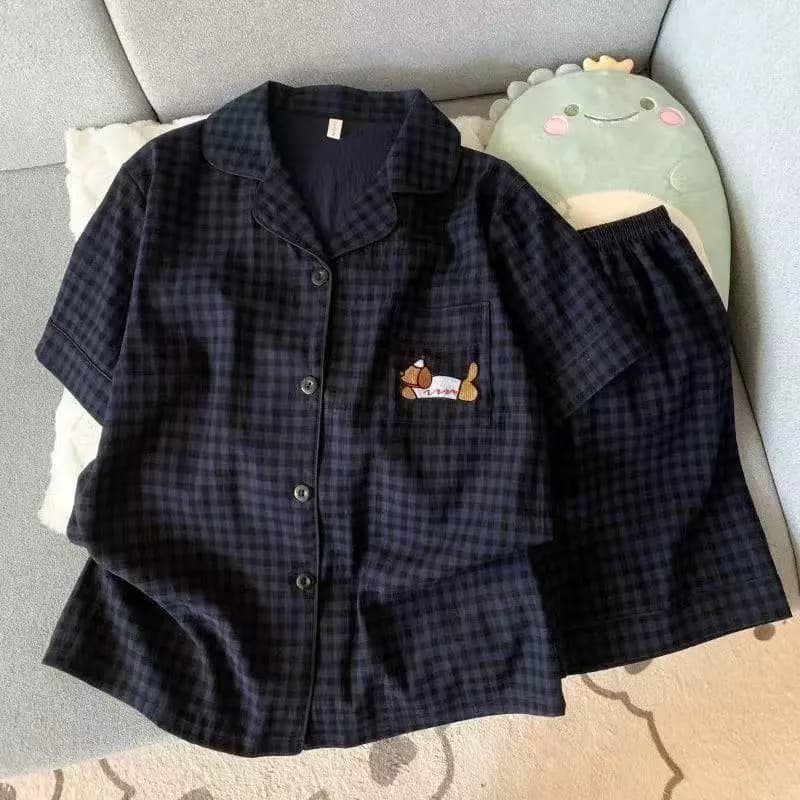 Kẻ Sọc Đen Chó Colud Cotton Bộ Đồ Ngủ Nữ Mùa Hè Mềm Mại Đồ Ngủ Cho Người Phụ Nữ Tay Ngắn Bắn Hoạt Hình Pyjama