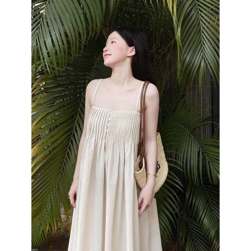 Đầm maxi 2 dây, váy dài linen xếp li ngực dáng suông đi chơi, du lịch đi biển MyaHouse