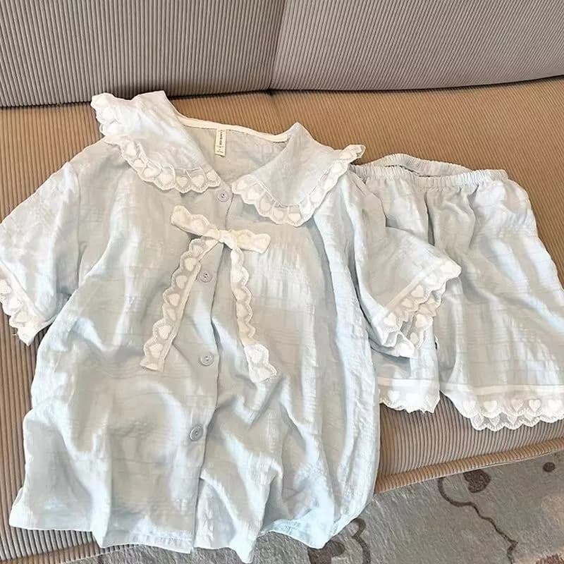 [Pre-Order]-Bộ đồ ngủ nữ mùa hè màu xanh có đệm ngực, quần short tay ngắn thoáng khí, bộ hai mảnh
