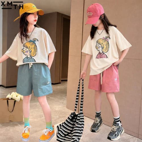 Bộ áo phông quần cộc bé gái mùa hè 18-50kg, set đồ hè trẻ em, học sinh nữ cấp 1 cấp 2 mặc nhà đi chơi siêu xinh M cô gái