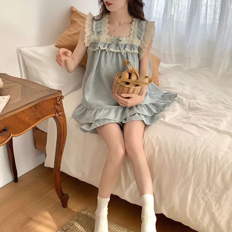 [Pre-Order]-Đồ ngủ mỏng mùa hè cho phụ nữ phong cách Ins, ren dễ thương, bộ đồ mặc nhà không tay