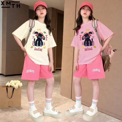 Bộ quần áo bé gái 6-14 tuổi mùa hè cotton mát áo phông quần đùi cho trẻ em học sinh nữ cấp 1, 2 size 18-50kg mẫu WHAT