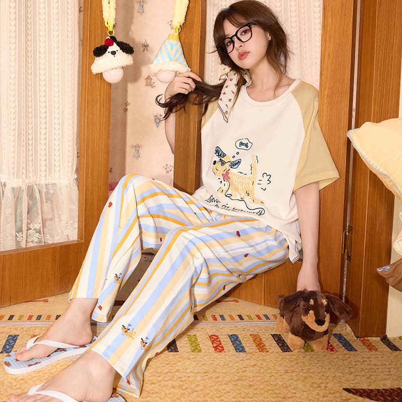 Bộ Đồ Ngủ Cotton nữ có miếng lót ngực, style Hàn Quốc, phù hợp loungewear