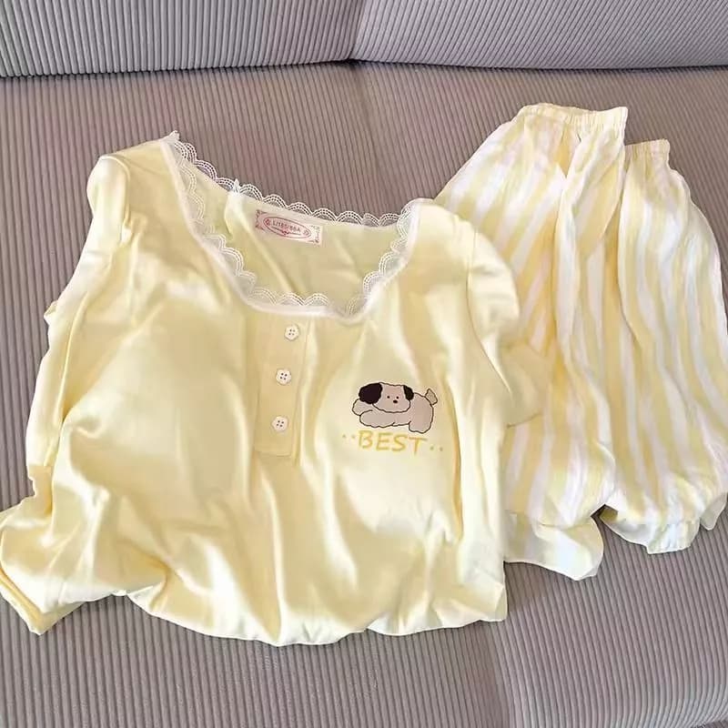 [Pre-Order]-Bộ đồ ngủ nữ mùa hè mới, in hình chó con màu vàng dễ thương và mềm mại, có đệm ngực, thích hợp mặc ở nhà và
