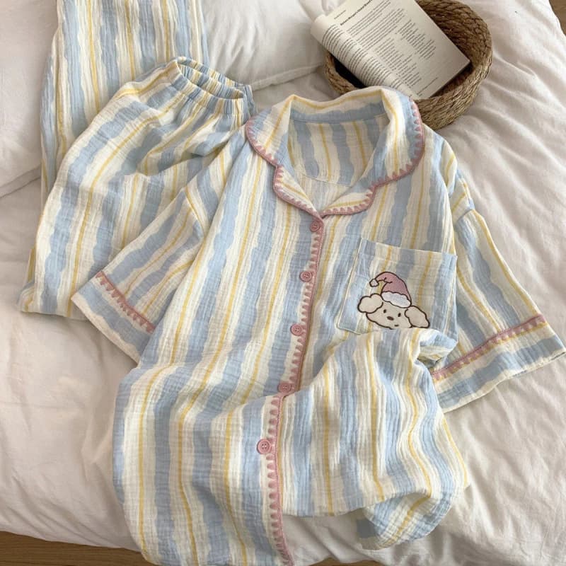 Nhật Bản ins Phong Cách Bộ Đồ Ngủ Nữ Mùa Hè Ngắn Tay Quần Cotton Nguyên Chất Gạc Loungewear Phù Hợp Với