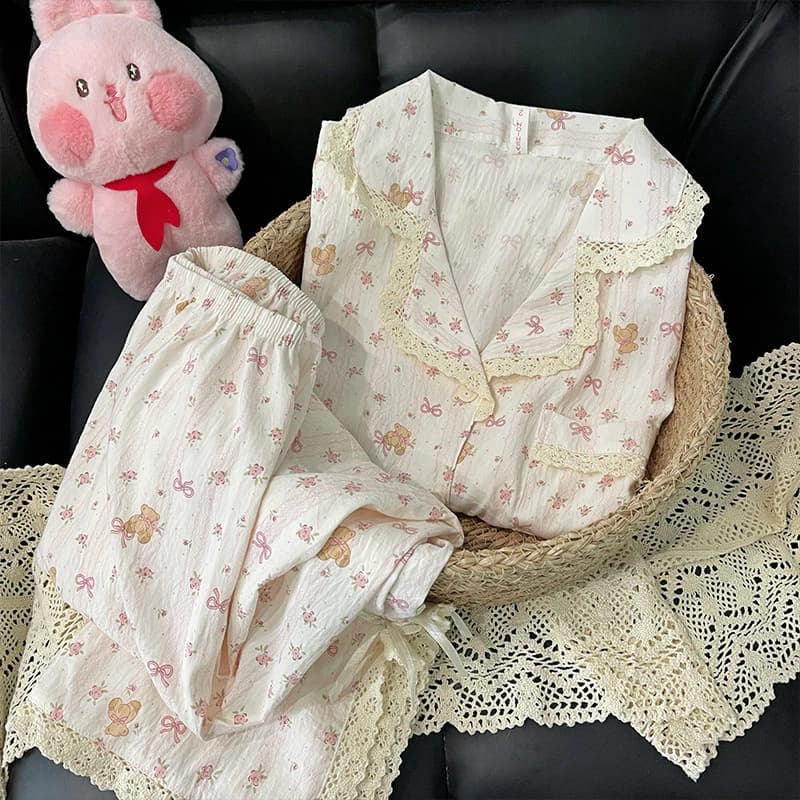 Vỏ cổ gấu hồng bộ đồ ngủ nữ dài tay, quần cotton mềm mại, thoải mái cho giấc ngủ đêm