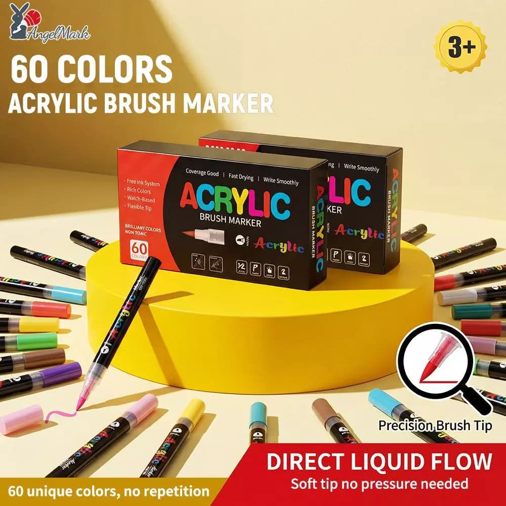 60 Màu Acrylic Bút Đánh Dấu Chất Lỏng Trực Tiếp Không Bấm Đầu Bàn Chải Độ Phủ Cao Chống Thấm Nước