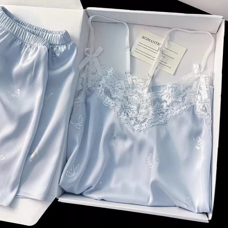[Pre-Order]-Bộ đồ ngủ in hình bướm  bộ hai mảnh ren gợi cảm mùa hè, áo lụa băng và quần short