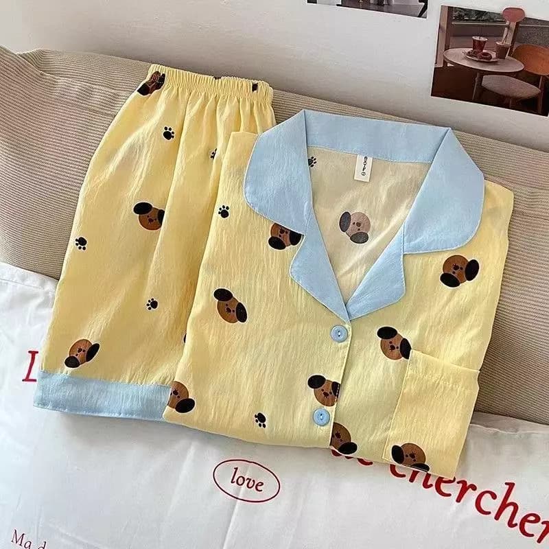Bộ đồ ngủ Cotton màu vàng Puppy Cloud dành cho nữ Bộ đồ ngủ dáng rộng Hàn Quốc