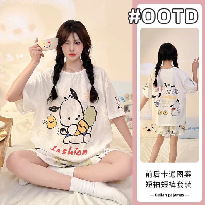 Đồ ngủ bộ nữ tay ngắn, họa tiết hoạt hình đáng yêu, phù hợp mặc tại nhà