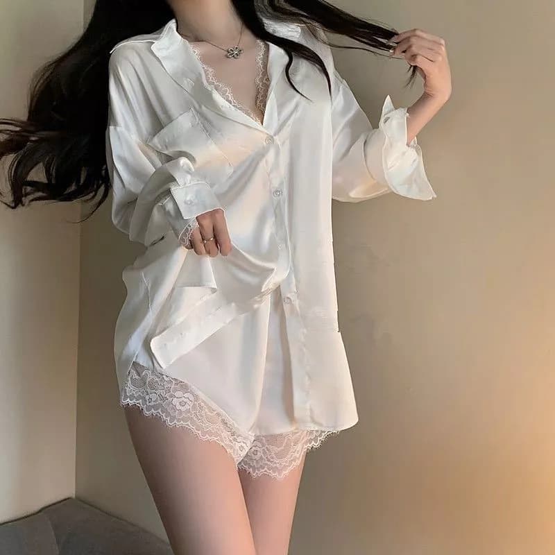 [Pre-Order]-Đầm ngủ mới, áo ren sexy, áo lụa lạnh, tay dài, phong cách bạn trai, đồ ngủ nữ, áo trắng mỏng mẫu mới hàng Q