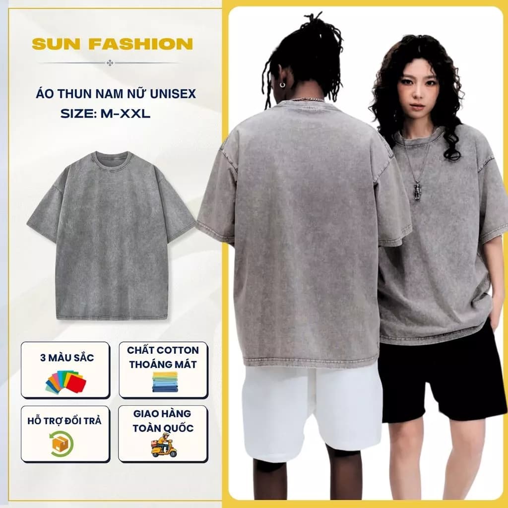 Áo thun loang form rộng nam nữ Suncbvn Màu wash xám phong cách bacsic dễ phối đồ Menswear Cổ Tròn