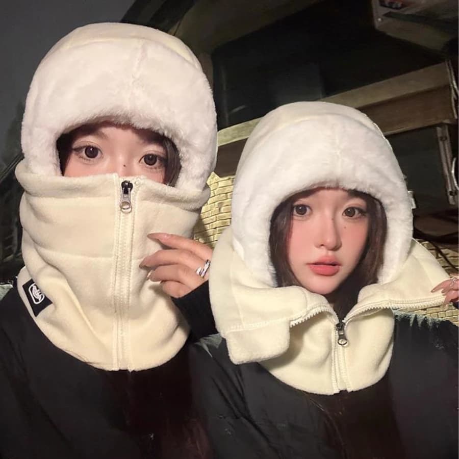 Nón Trùm Đầu Giữ Ấm Mùa Đông Lót Lông Cừu Siêu Mịn Che Kín Cổ, Mũ Giữ Ấm Toàn Diện Unisex